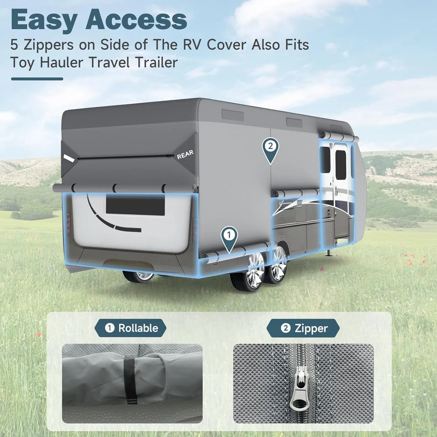 8-20ft 7 Layers Waterproof Travel Trailer Cover with Tongue Jack Cover and Windproof Ropes