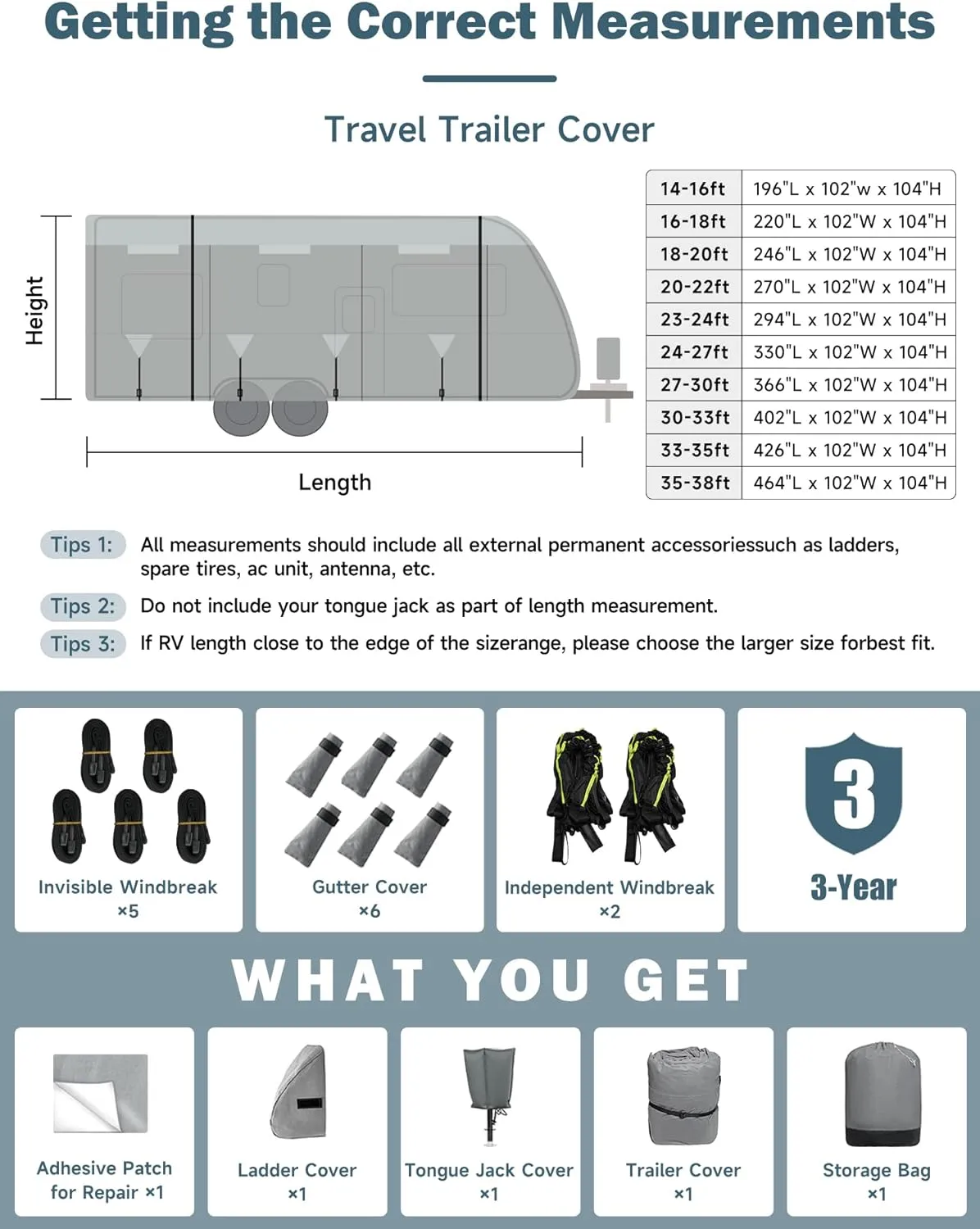 8-20ft 7 Layers Waterproof Travel Trailer Cover with Tongue Jack Cover and Windproof Ropes