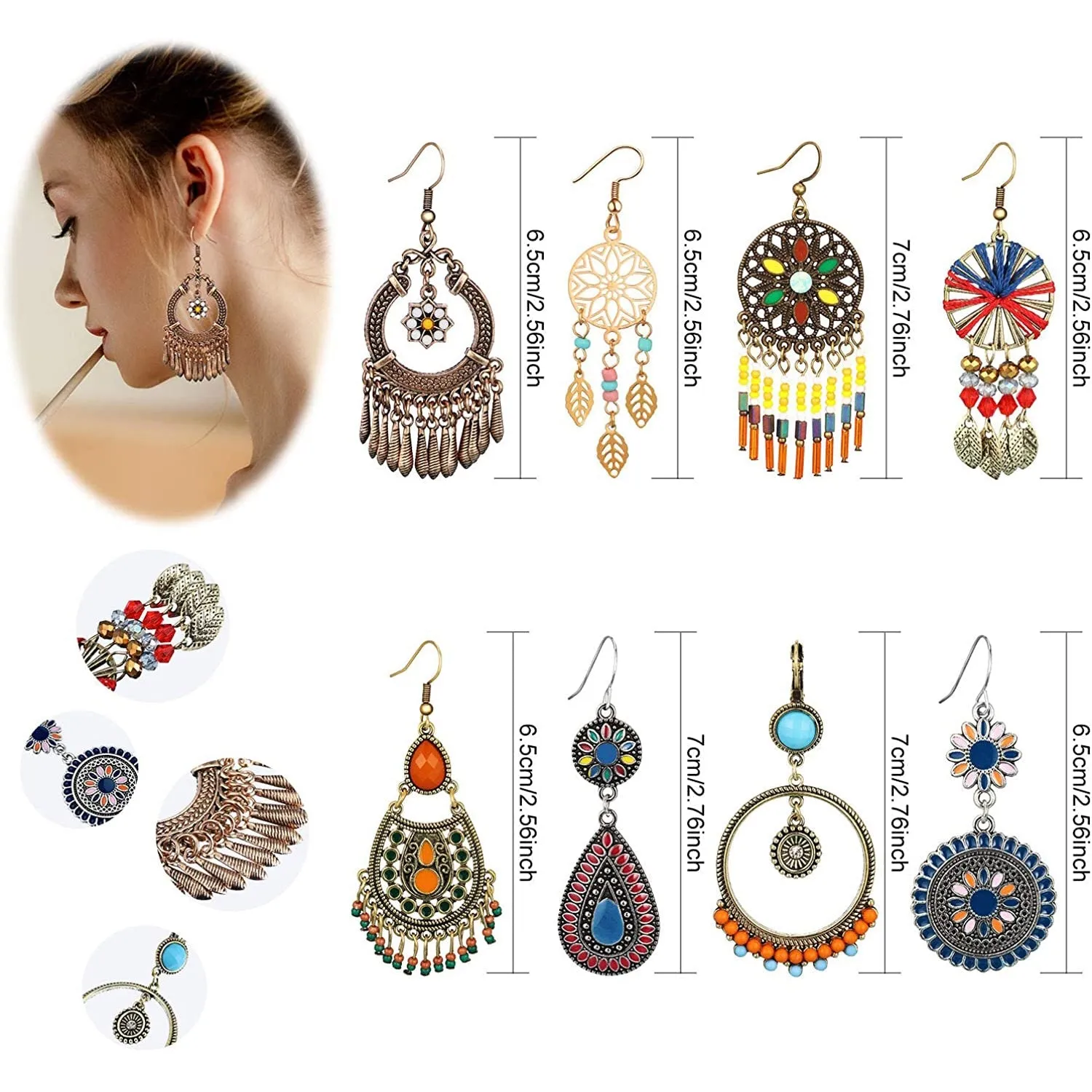 8-Pairs: Bohemian Hollow  Retro Dangle Earrings