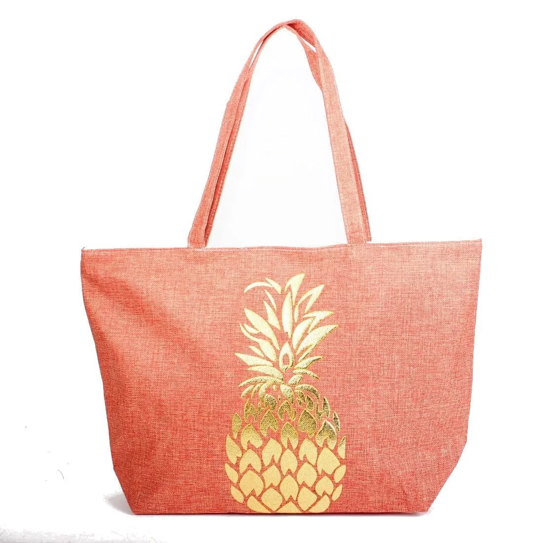 B768 Gold Foil Pineapple Printed Large Beach Tote Bag