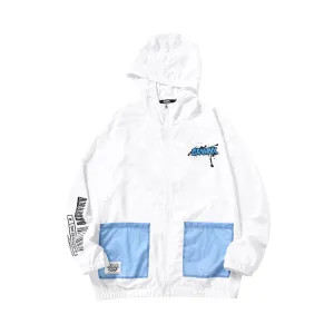 Blue and white splash-ink printed hooded zipper light skin jacket