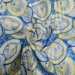 Blue With Yellow Geometrical Dobbysser Silk Fabric