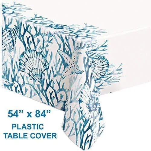 Coastal Blue & White Coral Reef Plastic Table Cover, 54" x 84" (2 Pack)