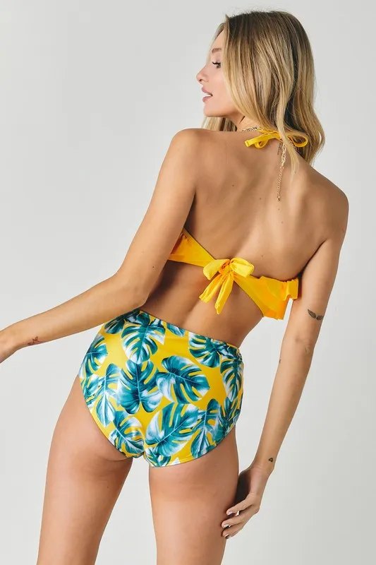 Davi & Dani Solid Ruffle Top And Printed Bottom Swimsuit