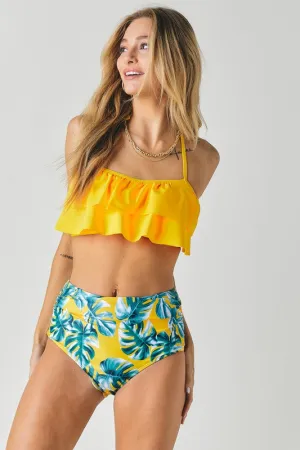 Davi & Dani Solid Ruffle Top And Printed Bottom Swimsuit