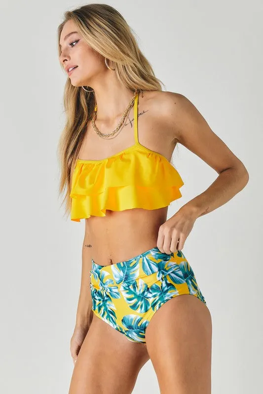 Davi & Dani Solid Ruffle Top And Printed Bottom Swimsuit