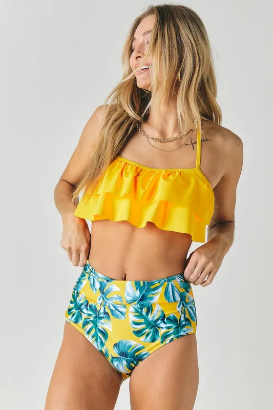 Davi & Dani Solid Ruffle Top And Printed Bottom Swimsuit