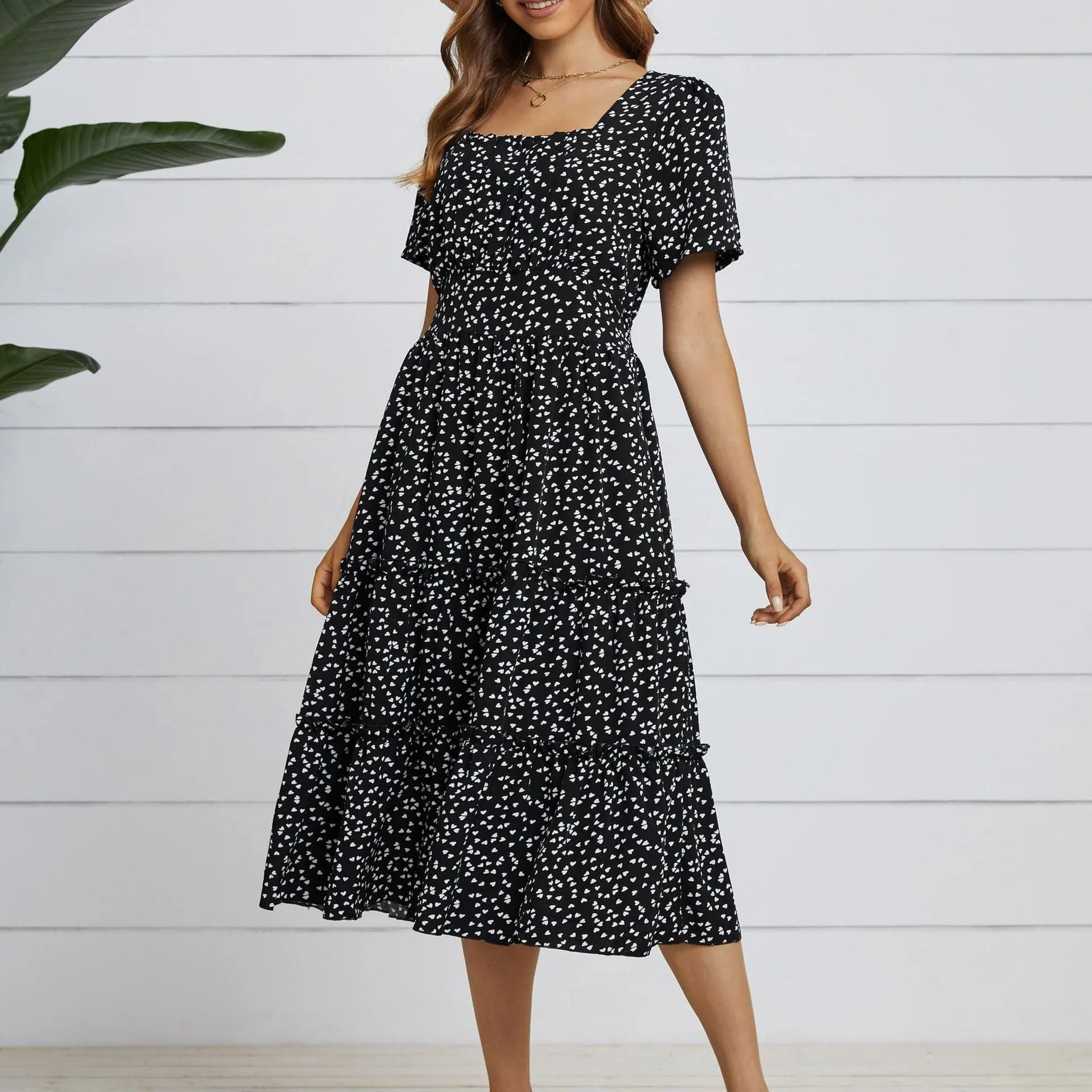 DressBetty - Women Summer Dress Square Collar Short Puff Sleeve Floral Dresses