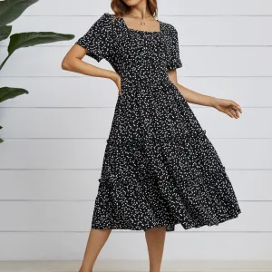 DressBetty - Women Summer Dress Square Collar Short Puff Sleeve Floral Dresses