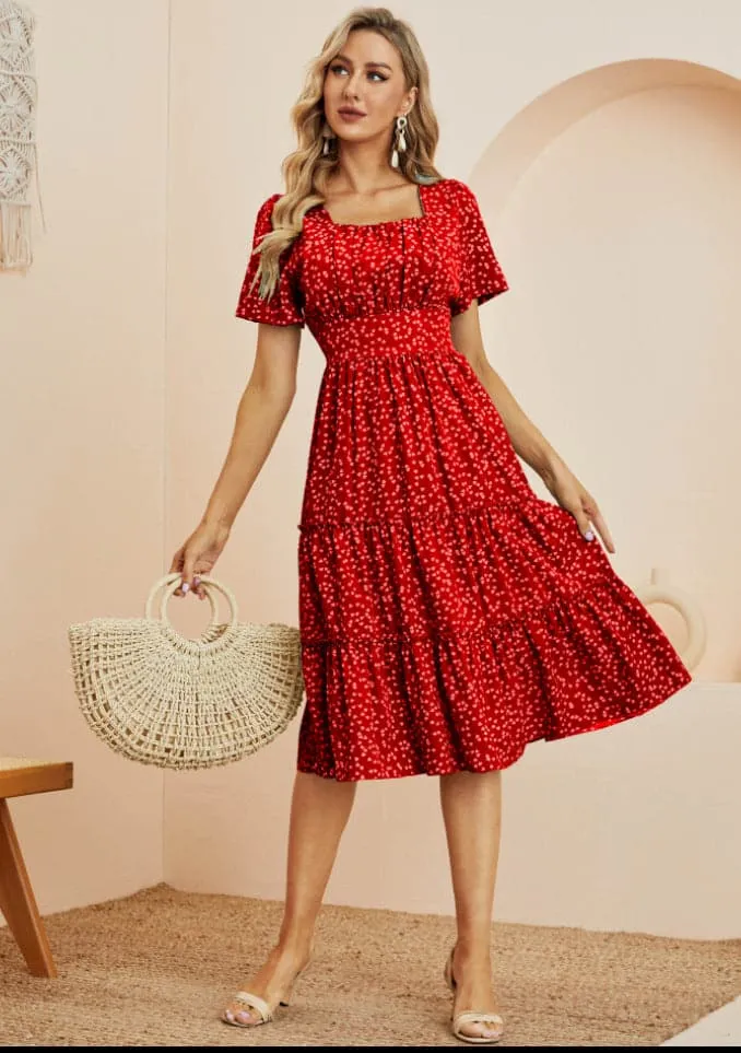 DressBetty - Women Summer Dress Square Collar Short Puff Sleeve Floral Dresses