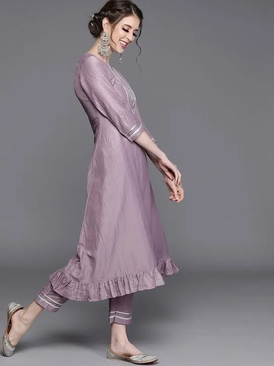 Embroidered Round Neck Kurta with Trousers & Dupatta