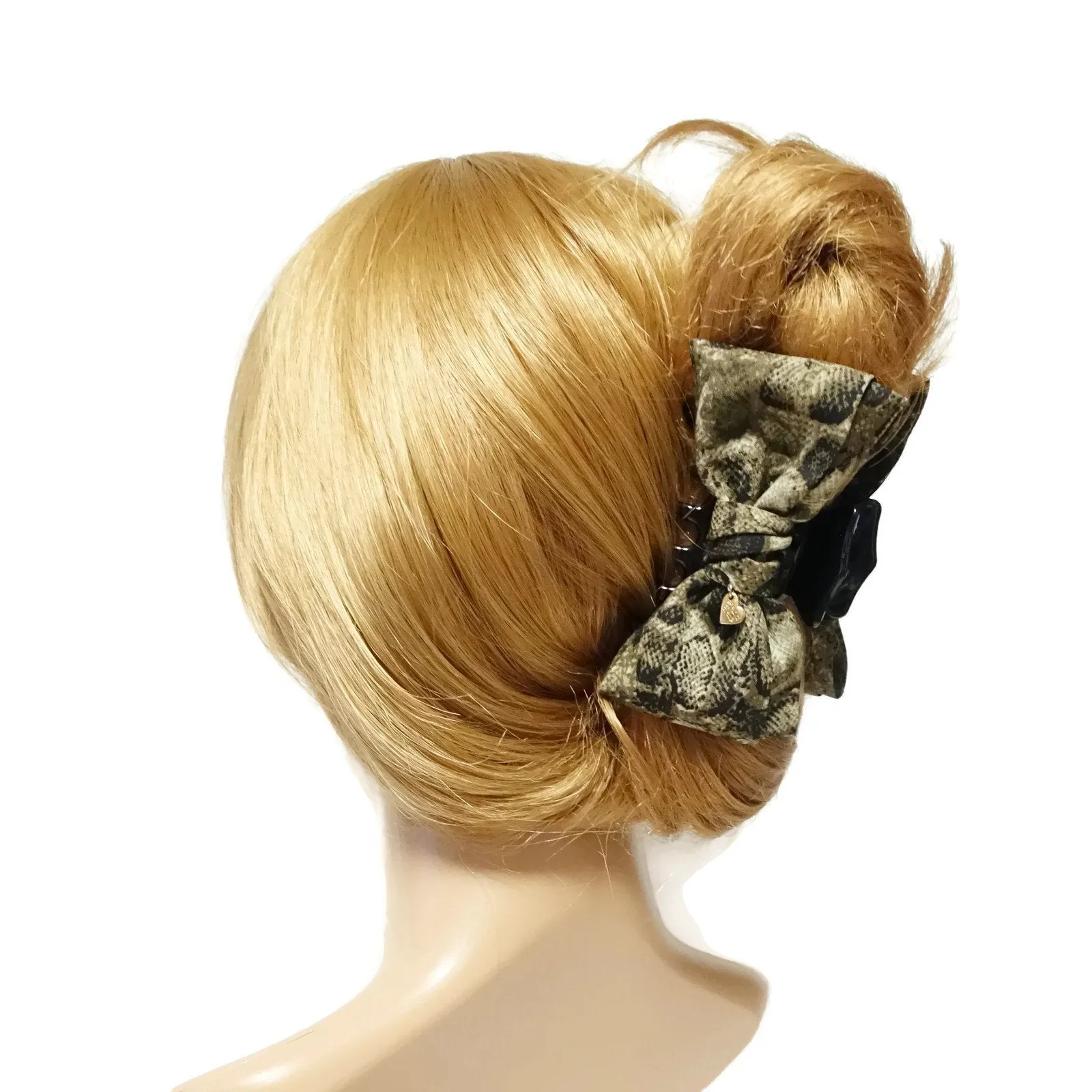 Handmade bow python print fabric hair jaw claw clamp