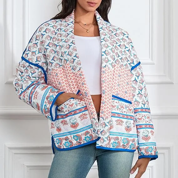 Lapel Printed Patchwork Quilted Thin Jacket