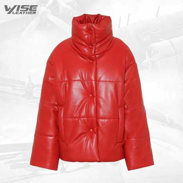 Red Real Leather Puffer Jacket Bubble Jacket