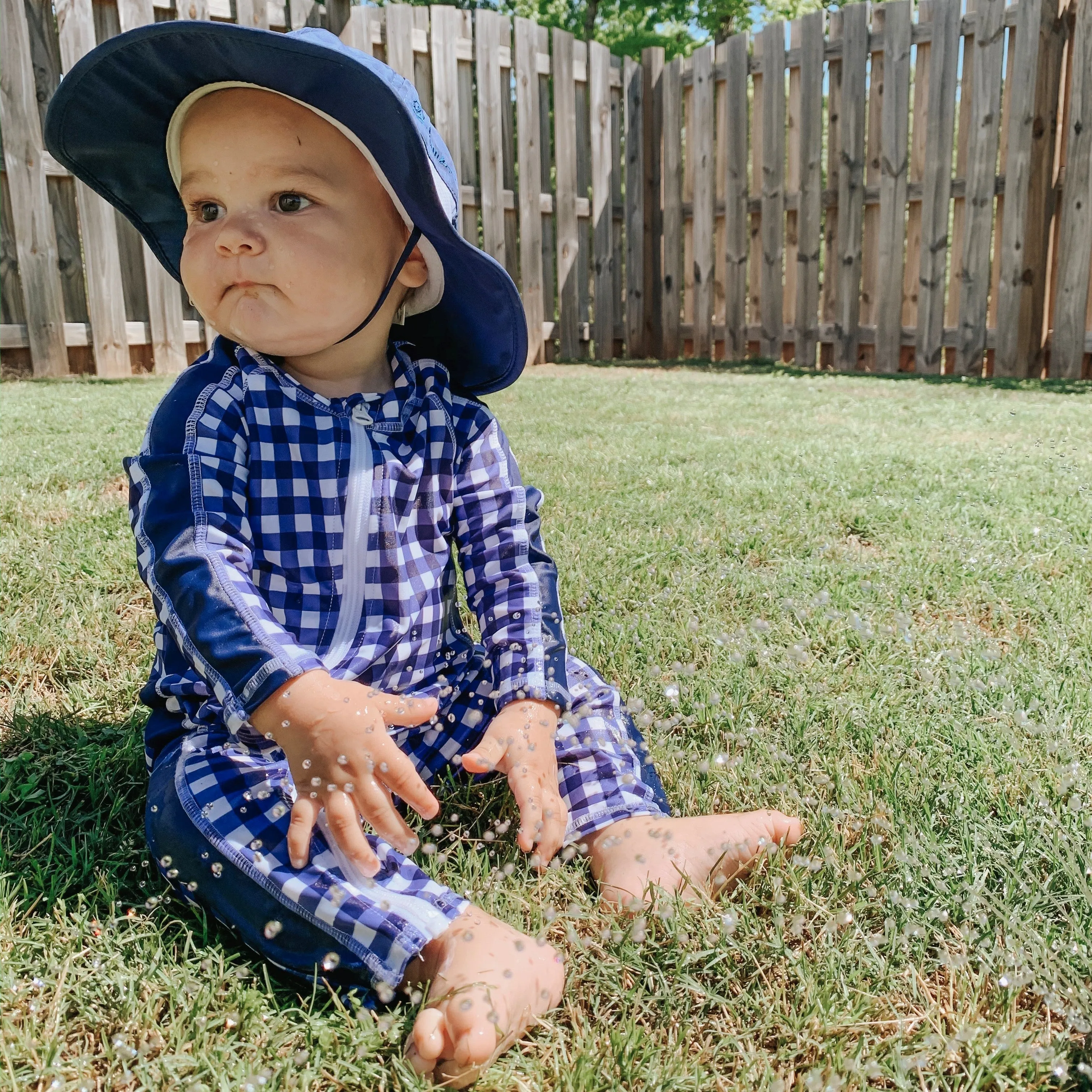 Sunsuit - Long Sleeve Romper Swimsuit | "Navy Gingham"