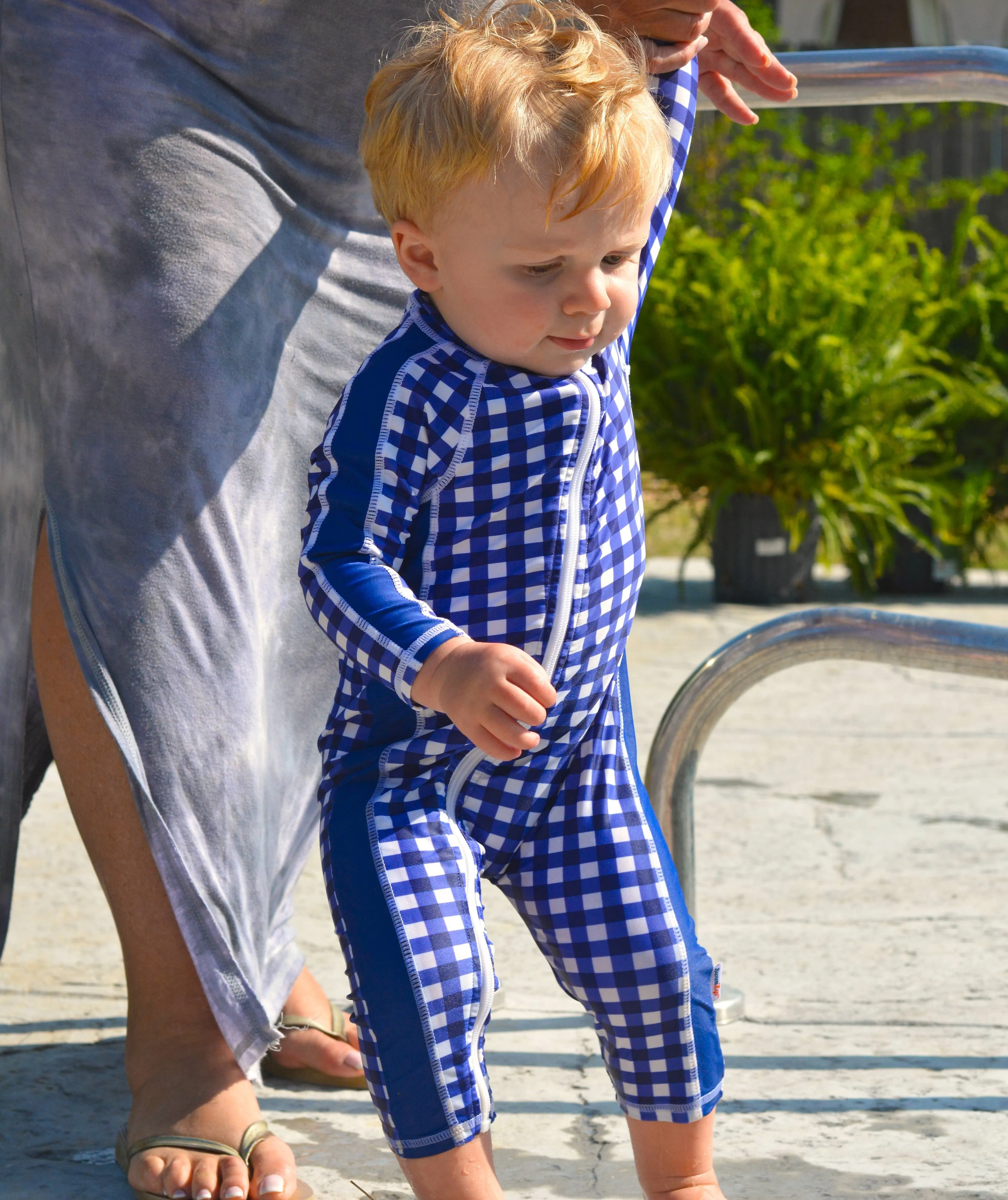 Sunsuit - Long Sleeve Romper Swimsuit | "Navy Gingham"