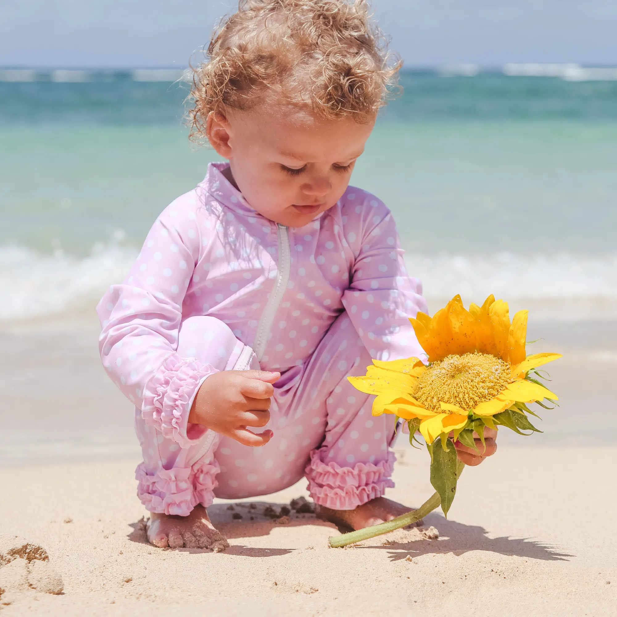 Sunsuit - Long Sleeve Romper Swimsuit | "Sassy Surfer" Pink Polka Dot