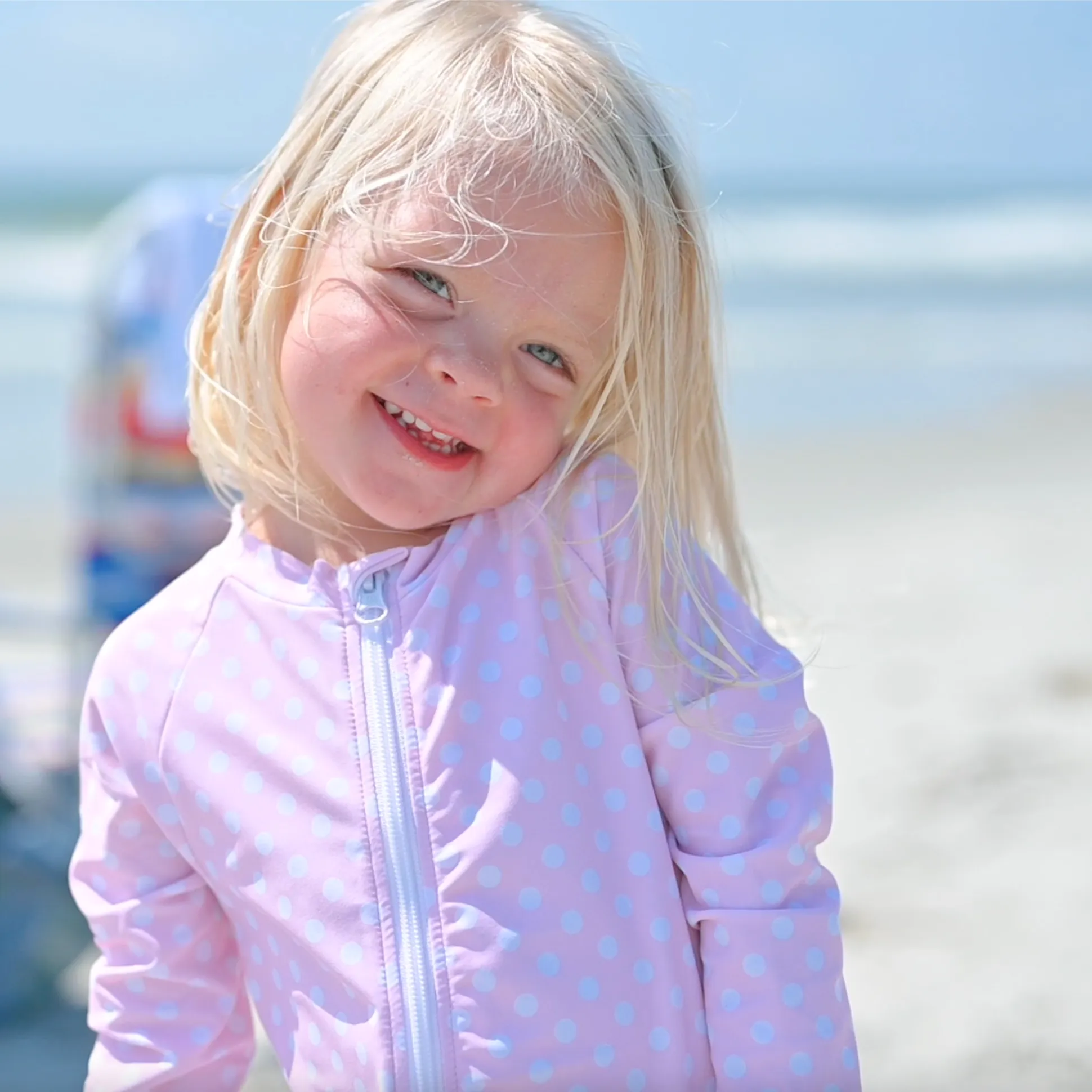 Sunsuit - Long Sleeve Romper Swimsuit | "Sassy Surfer" Pink Polka Dot