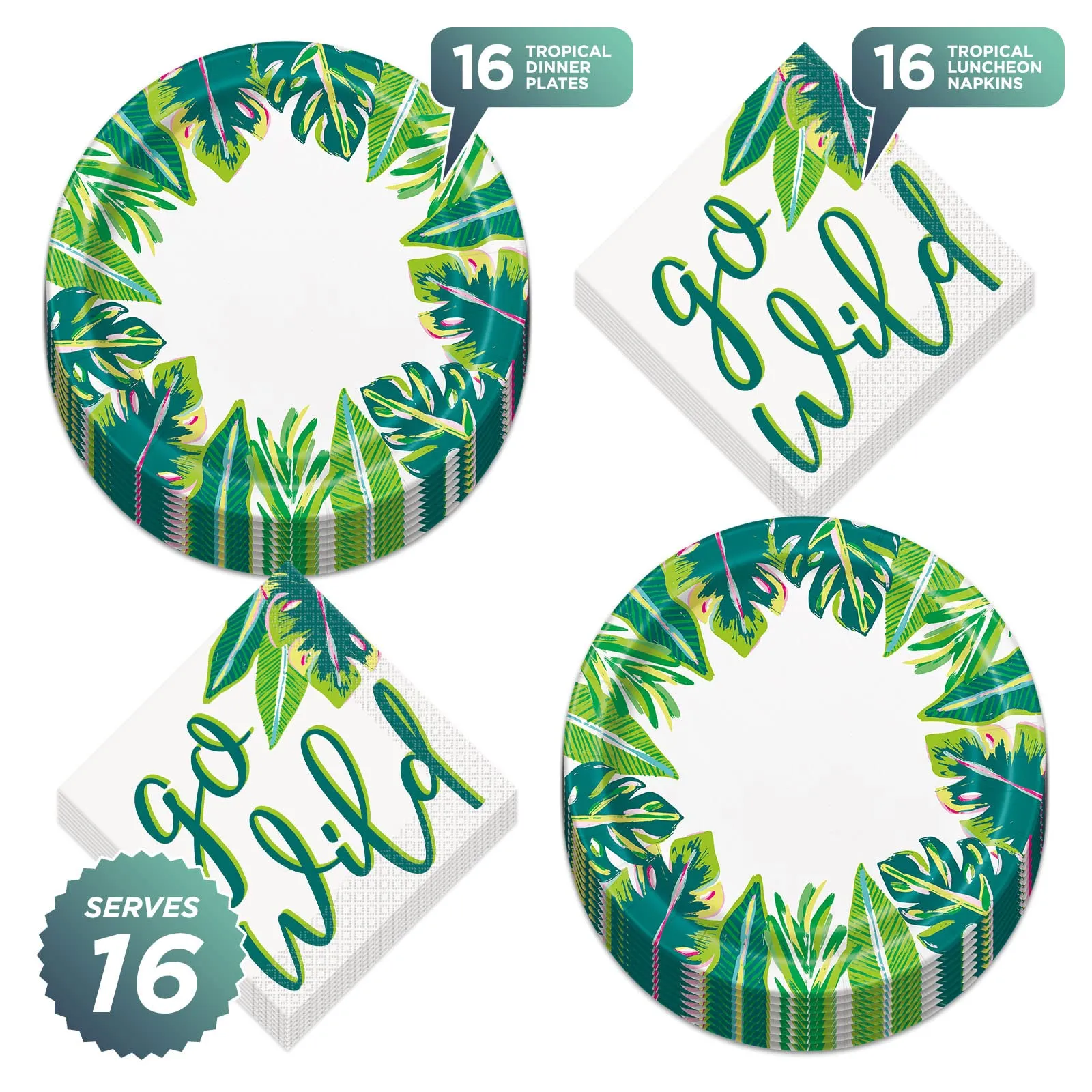 Tropical Leaves With Metallic Gold Paper Dinner Plates and "Go Wild" Lunch Napkins (Serves 16)