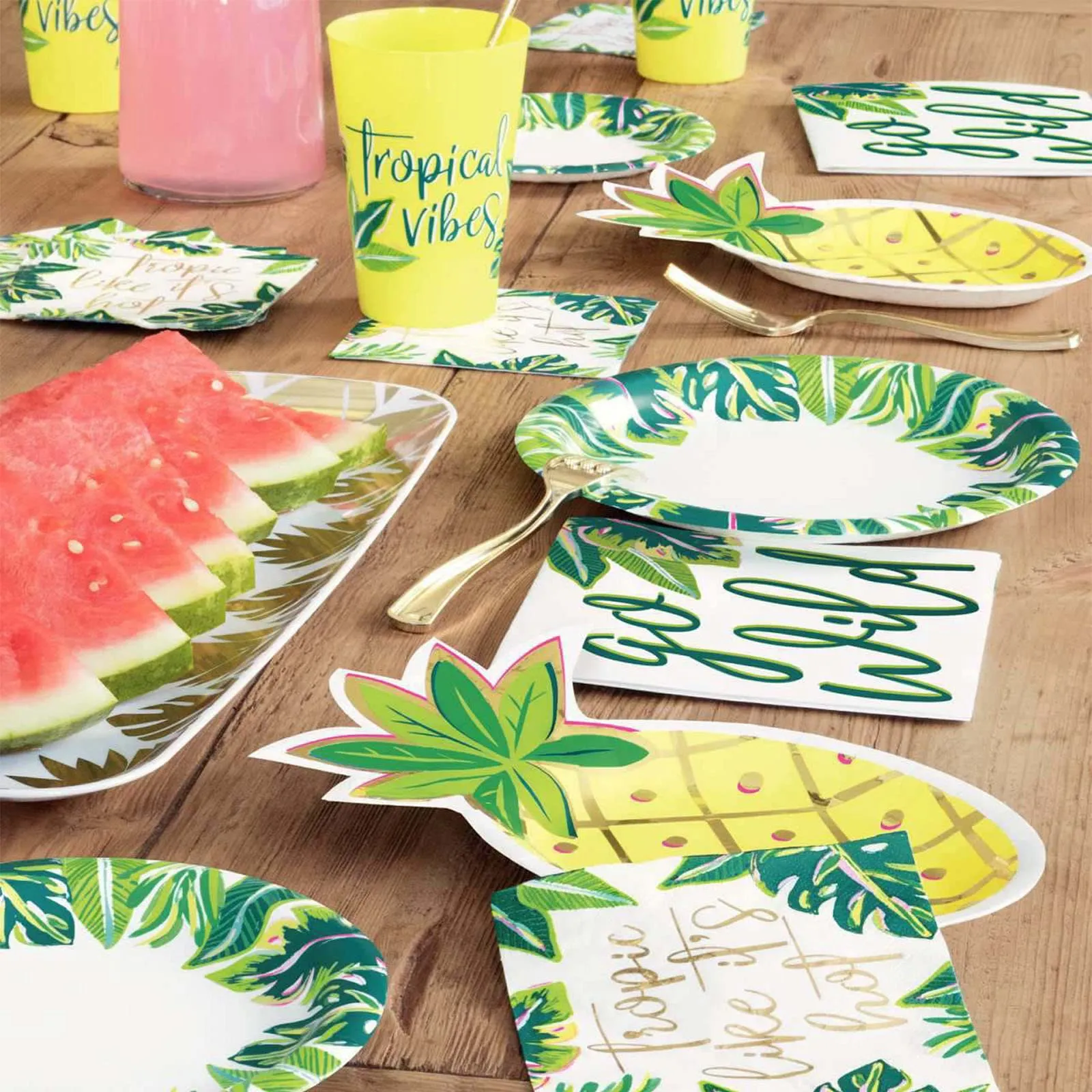 Tropical Leaves With Metallic Gold Paper Dinner Plates and "Go Wild" Lunch Napkins (Serves 16)