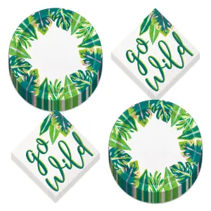 Tropical Leaves With Metallic Gold Paper Dinner Plates and "Go Wild" Lunch Napkins (Serves 16)