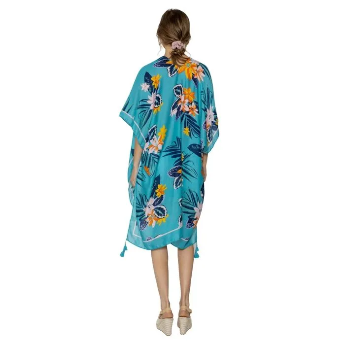 Turquoise Tropical Floral Tassel Kimono